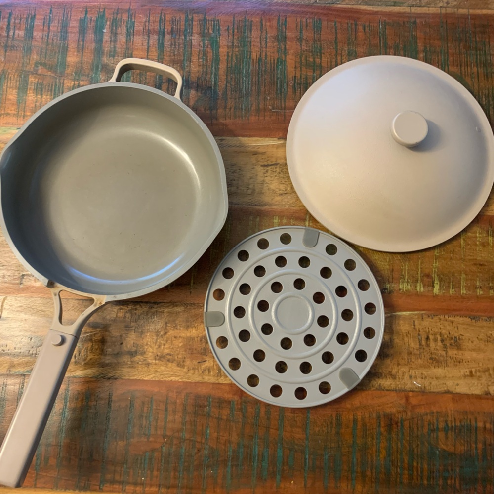 Our Place Large Always Pan 12.5” 10 in 1 Nonstick Pan Lid & steamer tray tan
